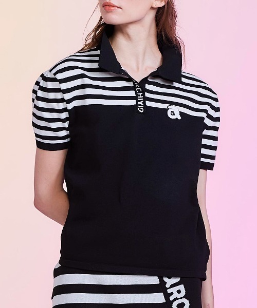 archivio(アルチビオ)の「<LADIES>ボーダー切替ニットポロシャツ(ニット/セーター・レディース・ブラック・S/M)」の1枚目の写真