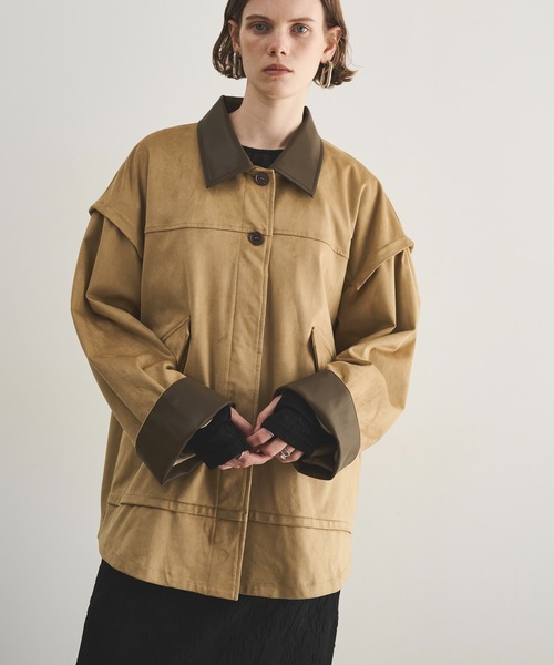 セール】合革襟配色フェイクスエードジャケット（カバーオール