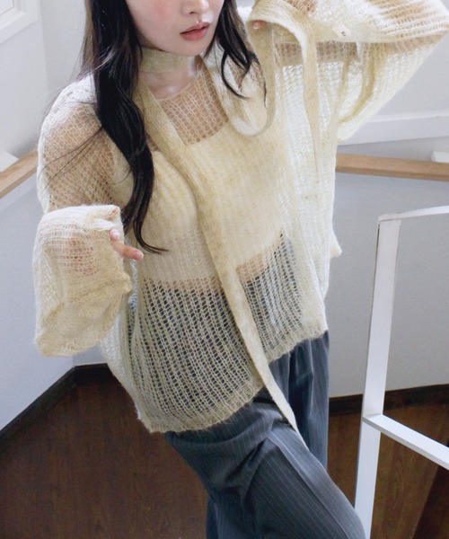 Reurie'(レウリィ)の「【4色展開】ルーズシアータイニット / 長袖 リボンタイ マルチウェイ オーバーサイズ 透け感 シンプル きれいめ 大人 カジュアル カーキ ピンク ベージュ チャコール グレー(ニット/セーター・レディース・ピンク/カーキ/ベージュ/チャコールグレー・FREE)」の1枚目の写真