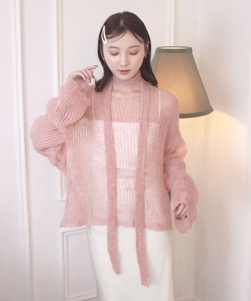 Reurie'(レウリィ)の「【4色展開】ルーズシアータイニット / 長袖 リボンタイ マルチウェイ オーバーサイズ 透け感 シンプル きれいめ 大人 カジュアル カーキ ピンク ベージュ チャコール グレー(ニット/セーター・レディース・ピンク/カーキ/ベージュ/チャコールグレー・FREE)」の4枚目の写真