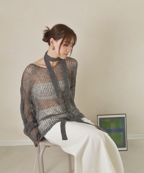 Reurie'(レウリィ)の「【4色展開】ルーズシアータイニット / 長袖 リボンタイ マルチウェイ オーバーサイズ 透け感 シンプル きれいめ 大人 カジュアル カーキ ピンク ベージュ チャコール グレー(ニット/セーター・レディース・ピンク/カーキ/ベージュ/チャコールグレー・FREE)」の2枚目の写真