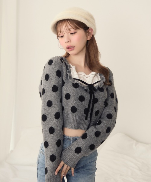 TITTY&CO.（ティティーアンドコー）の「フロントフリルリボンニット（ニット/セーター・レディース・ホワイト/ブラック/ドット/グレー/ピンクベージュ/ネイビー・FREE）」の18枚目の写真