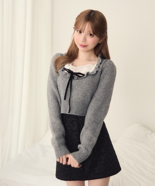 TITTY&CO.（ティティーアンドコー）の「フロントフリルリボンニット（ニット/セーター・レディース・ホワイト/ブラック/ドット/グレー/ピンクベージュ/ネイビー・FREE）」の22枚目の写真