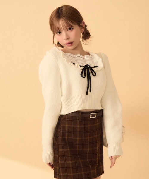 TITTY&CO.（ティティーアンドコー）の「フロントフリルリボンニット（ニット/セーター・レディース・ホワイト/ブラック/ドット/グレー/ピンクベージュ/ネイビー・FREE）」の10枚目の写真