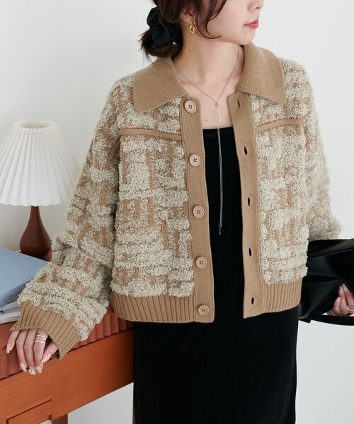 セール】ツイードライク衿付きニットジャケット（ニット/セーター