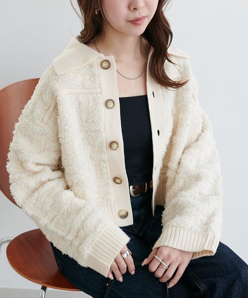 セール】ツイードライク衿付きニットジャケット（ニット/セーター