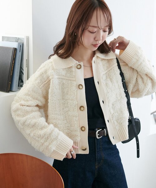 セール】ツイードライク衿付きニットジャケット（ニット/セーター