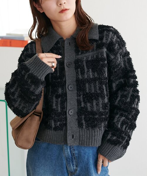 セール】ツイードライク衿付きニットジャケット（ニット/セーター