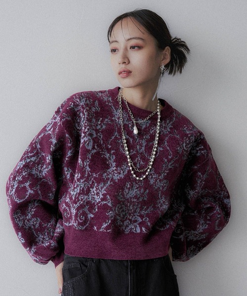 HARE（ハレ）の「モールダマスクガラニットプルオーバー(HARE)（ニット/セーター・レディース・ブラック/ボルドー/ブルー/グレー・FREE）」の4枚目の写真