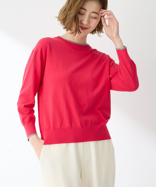 Petit Honfleur（プチオンフルール）の「バイカラーニットプルオーバー【洗える】（ニット/セーター・レディース・ネイビー/ピンク/グリーン/グレー・M/L）」の12枚目の写真