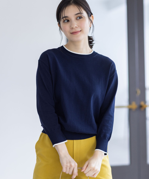 Petit Honfleur（プチオンフルール）の「バイカラーニットプルオーバー【洗える】（ニット/セーター・レディース・ネイビー/ピンク/グリーン/グレー・M/L）」の3枚目の写真