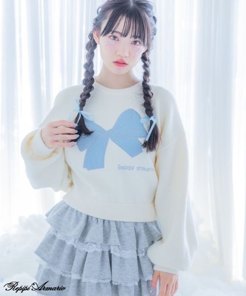 リボンちゃん✩.*˚【極美品】yori コットンパフスリーブニット ミント repipi armario｜レピピ アルマリオのニット/セーター（リボン）通販