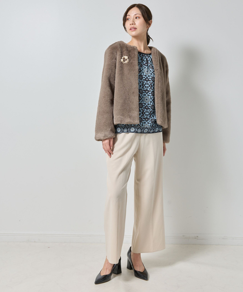 セール】【NARACAMICIE】ブローチ付きエコファージャケット（ムートン