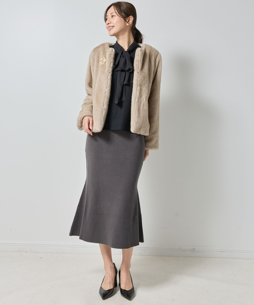 セール】【NARACAMICIE】ブローチ付きエコファージャケット（ムートン