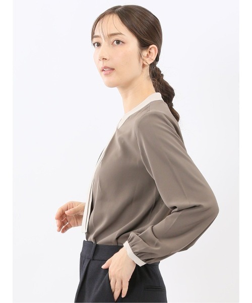 m.f.editorial（エムエフエディトリアル）の「【Tブラウス ストレッチ イージーケア】m.f.エディトリアルレディース 配色ボウタイ 長袖プルオーバーブラウス（シャツ/ブラウス・レディース・ブラック/ブラウン/ダークウッド・MEDIUM/LARGE）」の7枚目の写真