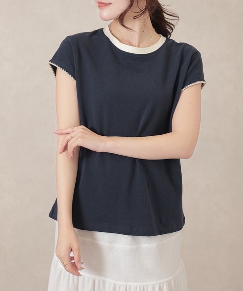 Lace Ladies(レースレディース)の「配色 ライン クルーネック 半袖 プルオーバー(Tシャツ/カットソー・レディース・ブラック/グレー/ブラウン/ネイビー・FREE)」の4枚目の写真