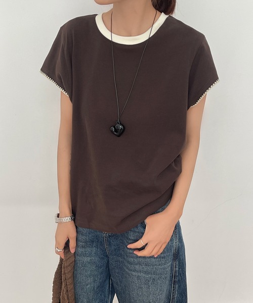 Lace Ladies(レースレディース)の「配色 ライン クルーネック 半袖 プルオーバー(Tシャツ/カットソー・レディース・ブラック/グレー/ブラウン/ネイビー・FREE)」の3枚目の写真