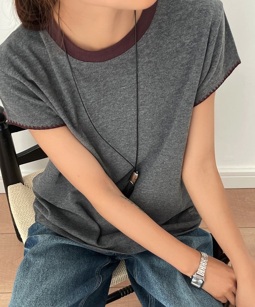 Lace Ladies(レースレディース)の「配色 ライン クルーネック 半袖 プルオーバー(Tシャツ/カットソー・レディース・ブラック/グレー/ブラウン/ネイビー・FREE)」の2枚目の写真