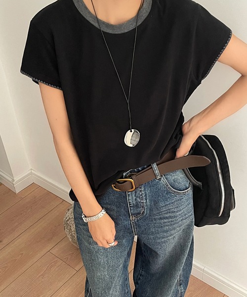 Lace Ladies(レースレディース)の「配色 ライン クルーネック 半袖 プルオーバー(Tシャツ/カットソー・レディース・ブラック/グレー/ブラウン/ネイビー・FREE)」の1枚目の写真