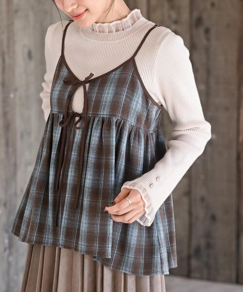 rps(アールピーエス)の「フロントリボン起毛チェックキャミソール(キャミソール・レディース・ブラック/ブラウン/ブルー・フリー)」の3枚目の写真