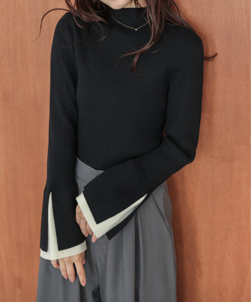 AMELY(エミリー)の「レイヤード風 フレアスリーブ ニットプルオーバー(ニット/セーター・レディース・グレー/モカ/アイボリー/ブラック・フリー)」の11枚目の写真