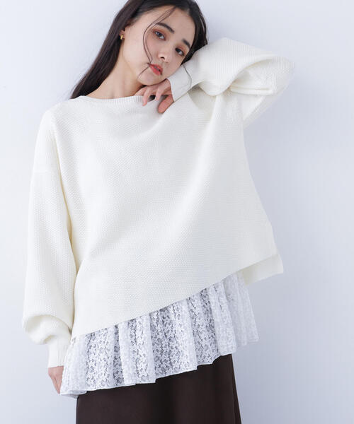 N.（N. Natural Beauty Basic）（エヌエヌナチュラルビューティーベーシック）の「鹿の子オーバーニット（ニット/セーター・レディース・ネイビー/オフホワイト/イエロー・ﾌﾘ-）」の2枚目の写真