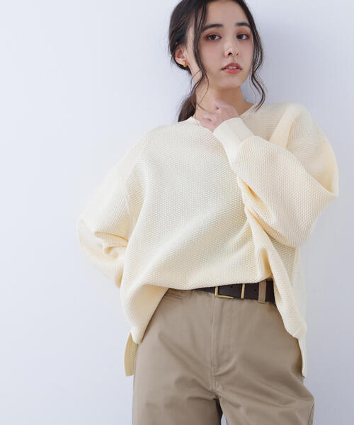 N.（N. Natural Beauty Basic）（エヌエヌナチュラルビューティーベーシック）の「鹿の子オーバーニット（ニット/セーター・レディース・ネイビー/オフホワイト/イエロー・ﾌﾘ-）」の3枚目の写真