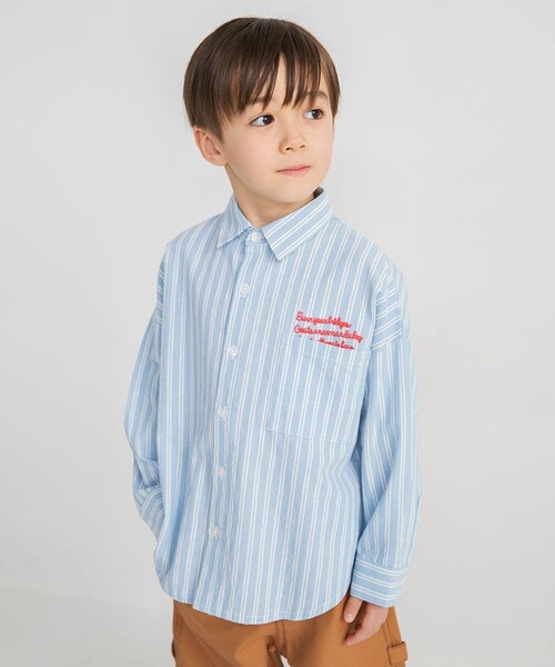 BRANSHES（ブランシェス）の「【おそろい】ストライプ柄ロゴ刺しゅう長袖シャツ（シャツ/ブラウス・キッズ・ピンク/サックスブルー・150/100/130/80/90/140/120/110）」の2枚目の写真