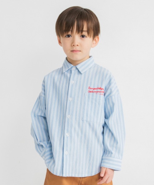 BRANSHES(ブランシェス)の「【おそろい】ストライプ柄ロゴ刺繍長袖シャツ(シャツ/ブラウス・キッズ・ピンク/サックスブルー・150/100/130/80/90/140/120/110)」の2枚目の写真