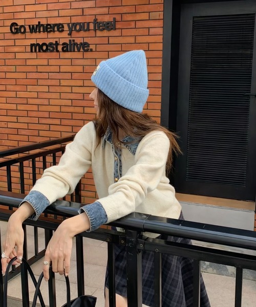 WESTSEA(ウエストシー)の「デニム切替 フェイクレイヤード ニットカーディガン 長袖 Vネック(カーディガン/ボレロ・レディース・オフホワイト/グレー/ネイビー・FREE)」の7枚目の写真