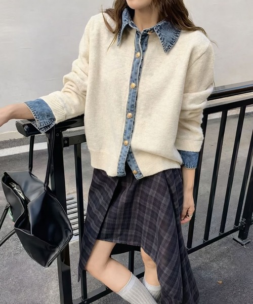 WESTSEA(ウエストシー)の「デニム切替 フェイクレイヤード ニットカーディガン 長袖 Vネック(カーディガン/ボレロ・レディース・オフホワイト/グレー/ネイビー・FREE)」の5枚目の写真