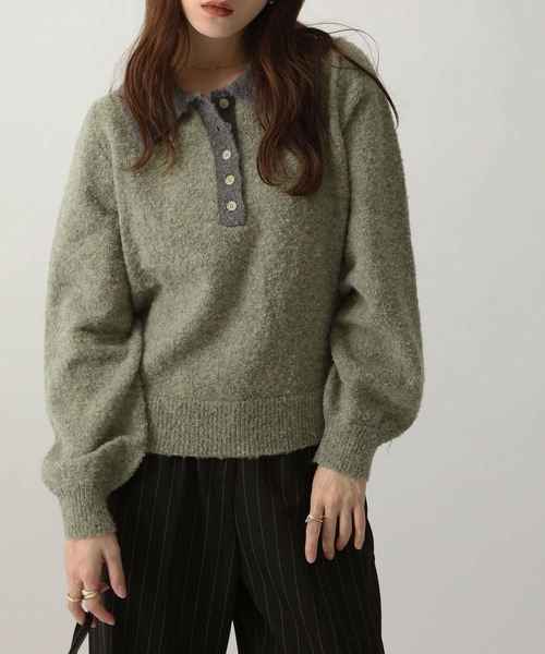 NOAHL(ノアル)の「【NOAHL】ブークレニット配色ポロトップス(ニット/セーター・レディース・グレー系/ブラウン系/アイボリー系/グリーン系・FREE)」の21枚目の写真