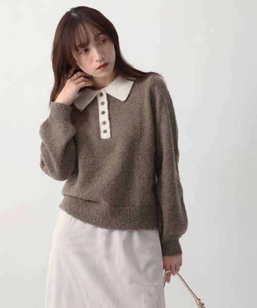 NOAHL(ノアル)の「【NOAHL】ブークレニット配色ポロトップス(ニット/セーター・レディース・グレー系/ブラウン系/アイボリー系/グリーン系・FREE)」の8枚目の写真