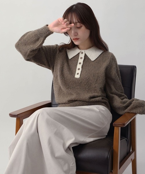 NOAHL(ノアル)の「【NOAHL】ブークレニット配色ポロトップス(ニット/セーター・レディース・グレー系/ブラウン系/アイボリー系/グリーン系・FREE)」の9枚目の写真
