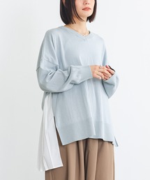 異素材バックプリーツVネックニット