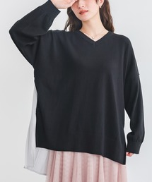 異素材バックプリーツVネックニット