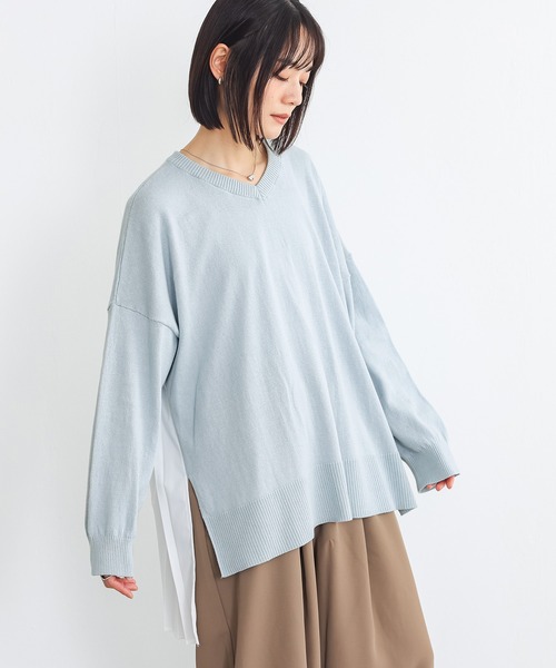 n'OrLABEL(ノアールレーベル)の「異素材バックプリーツVネックニット(ニット/セーター・レディース・ライトブルー/杢グレー/ブラック・FREE)」の18枚目の写真