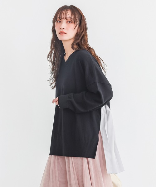 n'OrLABEL(ノアールレーベル)の「異素材バックプリーツVネックニット(ニット/セーター・レディース・ライトブルー/杢グレー/ブラック・FREE)」の5枚目の写真