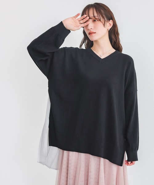 n'OrLABEL(ノアールレーベル)の「異素材バックプリーツVネックニット(ニット/セーター・レディース・ライトブルー/杢グレー/ブラック・FREE)」の6枚目の写真