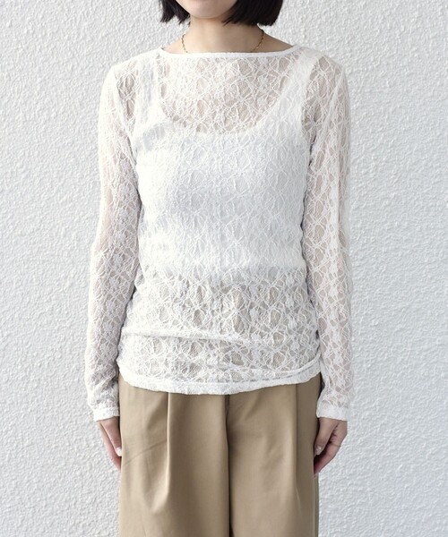 SHIPS Colors（シップス カラーズ）の「SHIPS Colors:〈手洗い可能〉ストレッチ レース ボートネック トップス◇（Tシャツ/カットソー・レディース・ネイビー/ライトブルー/オフホワイト・ONE SIZE）」の12枚目の写真
