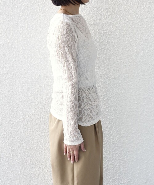 SHIPS Colors（シップス カラーズ）の「SHIPS Colors:〈手洗い可能〉ストレッチ レース ボートネック トップス◇（Tシャツ/カットソー・レディース・ネイビー/ライトブルー/オフホワイト・ONE SIZE）」の15枚目の写真