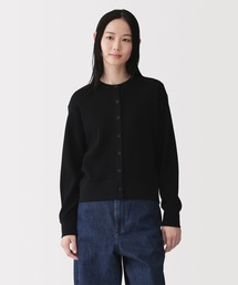 婦人　ワッフル編みクルーネック長袖カーディガン