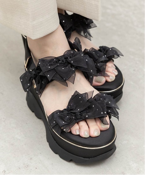 RANDA（ランダ）の「シアーミニリボンウェッジスポーツサンダル（サンダル・レディース・ピンク/アイボリー/ブラック・S/L/M/LL）」の5枚目の写真