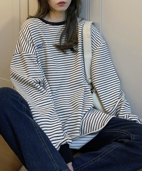 mielu（ミエル）の「ボーダー長袖プルオーバー（Tシャツ/カットソー・レディース・ブラック/アイボリー・LARGE/MEDIUM）」の2枚目の写真