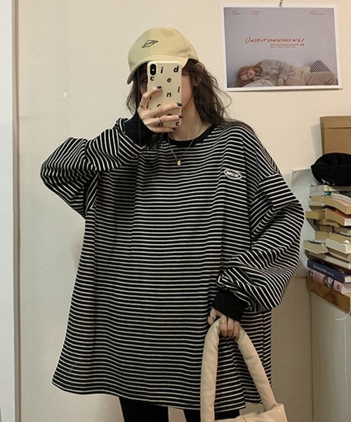 mielu（ミエル）の「ボーダー長袖プルオーバー（Tシャツ/カットソー・レディース・ブラック/アイボリー・LARGE/MEDIUM）」の9枚目の写真