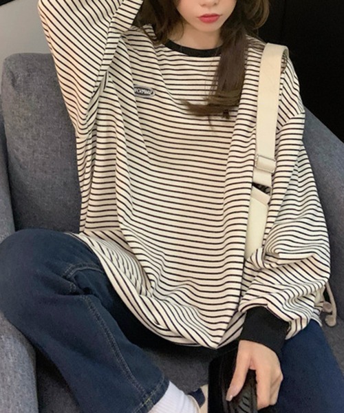 mielu（ミエル）の「ボーダー長袖プルオーバー（Tシャツ/カットソー・レディース・ブラック/アイボリー・LARGE/MEDIUM）」の7枚目の写真
