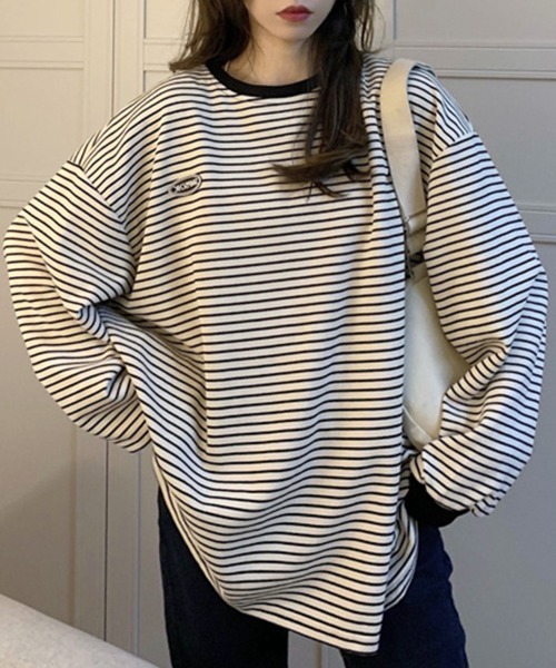 mielu（ミエル）の「ボーダー長袖プルオーバー（Tシャツ/カットソー・レディース・ブラック/アイボリー・LARGE/MEDIUM）」の3枚目の写真