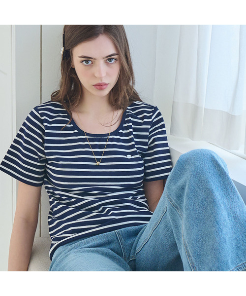 SLOWLOLLI(スローローリ)の「U neck stripe short sleeve t-shirt - Navy(Tシャツ/カットソー・レディース・ネイビー・FREE)」の1枚目の写真