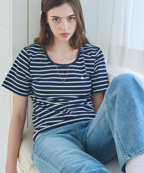 SLOWLOLLI(スローローリ)の「U neck stripe short sleeve t-shirt - Navy(Tシャツ/カットソー・レディース・ネイビー・FREE)」の2枚目の写真