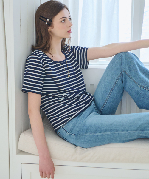 SLOWLOLLI(スローローリ)の「U neck stripe short sleeve t-shirt - Navy(Tシャツ/カットソー・レディース・ネイビー・FREE)」の4枚目の写真